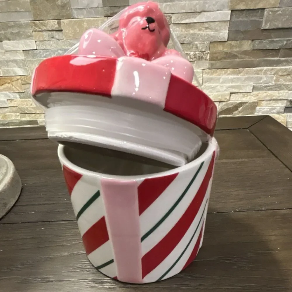 Ashland Berry Jolly Christmas Canister Ceramic Striped Pink Red Green With Lid